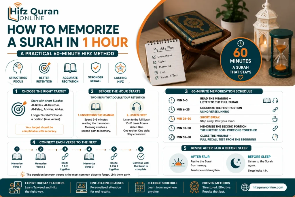 How to Memorize a Surah in 1 Hour – A Practical 60-Minute Hifz Method